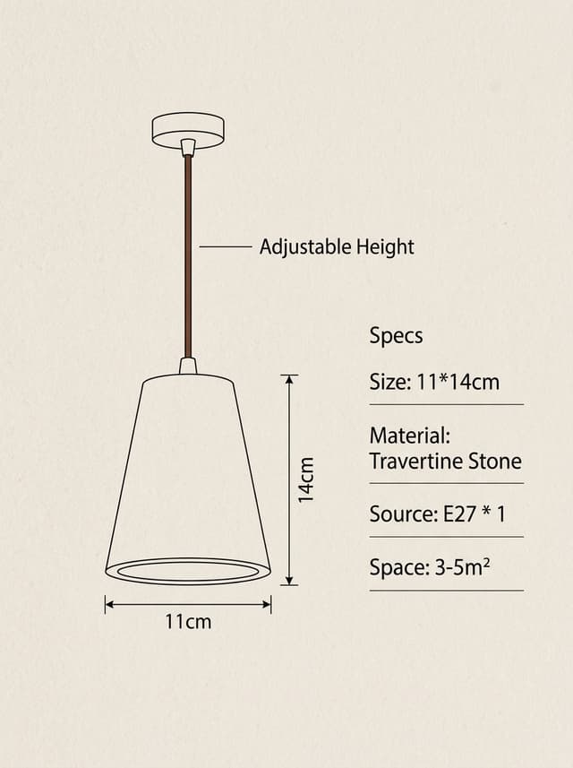 Solid Natural Travertine Pendant Light | Minimalist Stone Cone Hanging Lamp for Kitchen Island & Bar