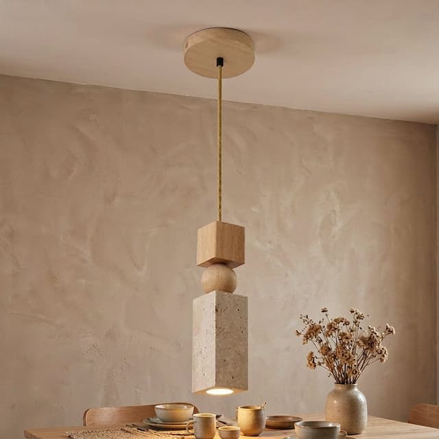 Modern Natural Travertine Pendant Light with Wood Disc