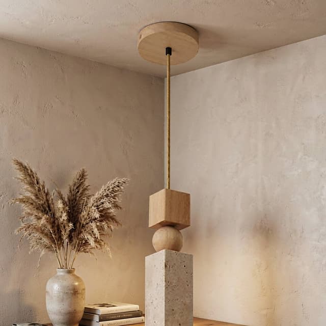 Modern Natural Travertine Pendant Light with Wood Disc