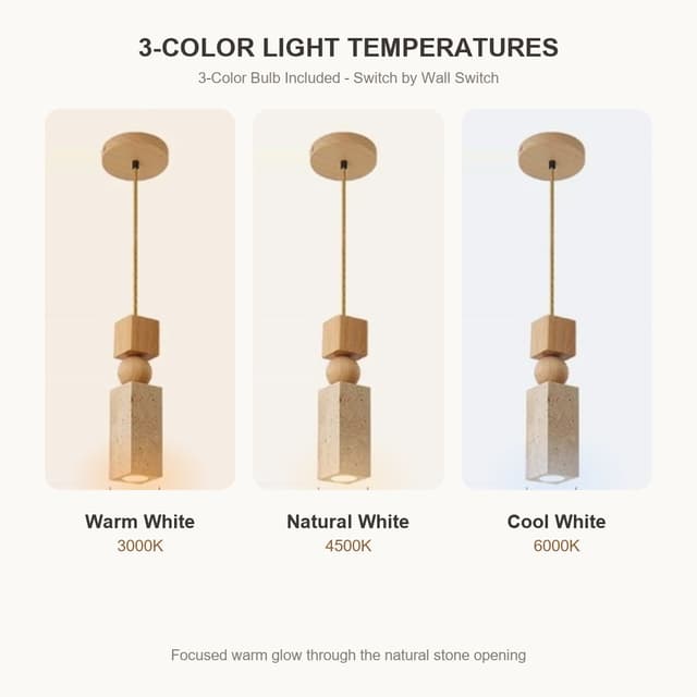 Modern Natural Travertine Pendant Light with Wood Disc