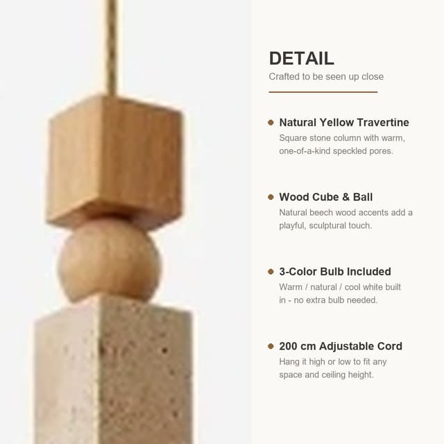 Modern Natural Travertine Pendant Light with Wood Disc