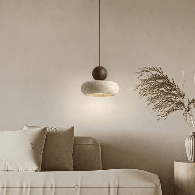 Modern Minimalist Natural Yellow Travertine & Solid Wood Pendant Light