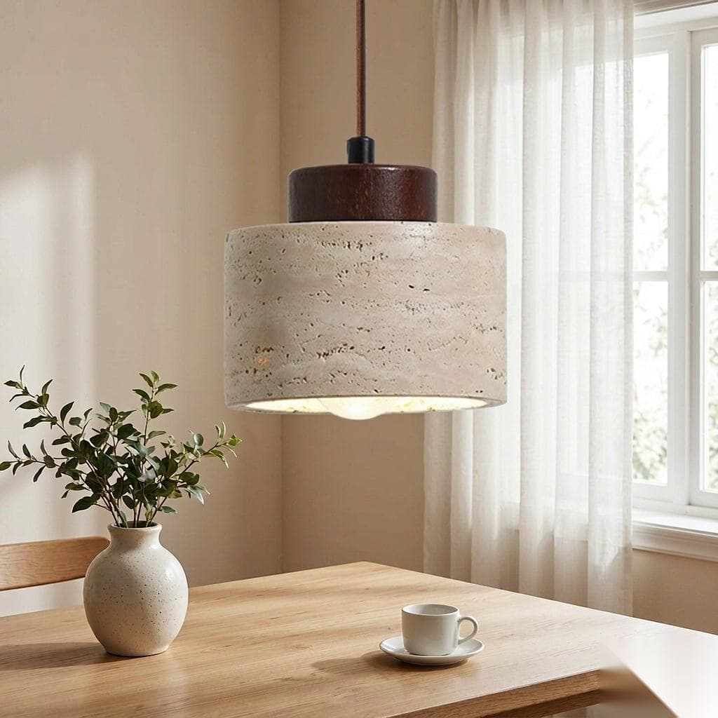 Beige Travertine Pendant Light – Mini Wood Canopy