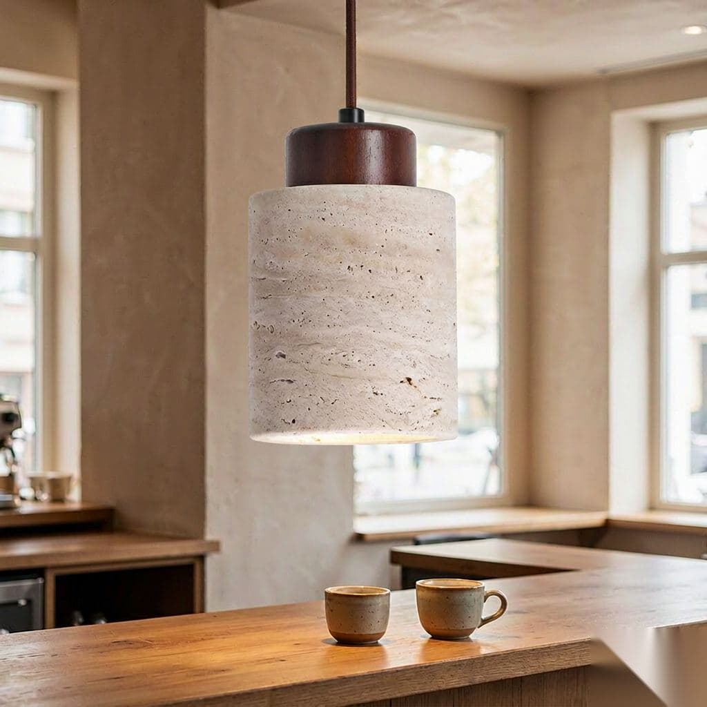 Beige Travertine Pendant Light – Tall Cylinder Shade