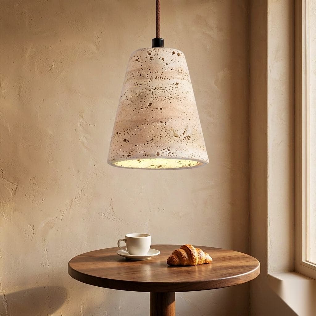 Solid Natural Travertine Pendant Light | Minimalist Stone Cone Hanging Lamp for Kitchen Island & Bar