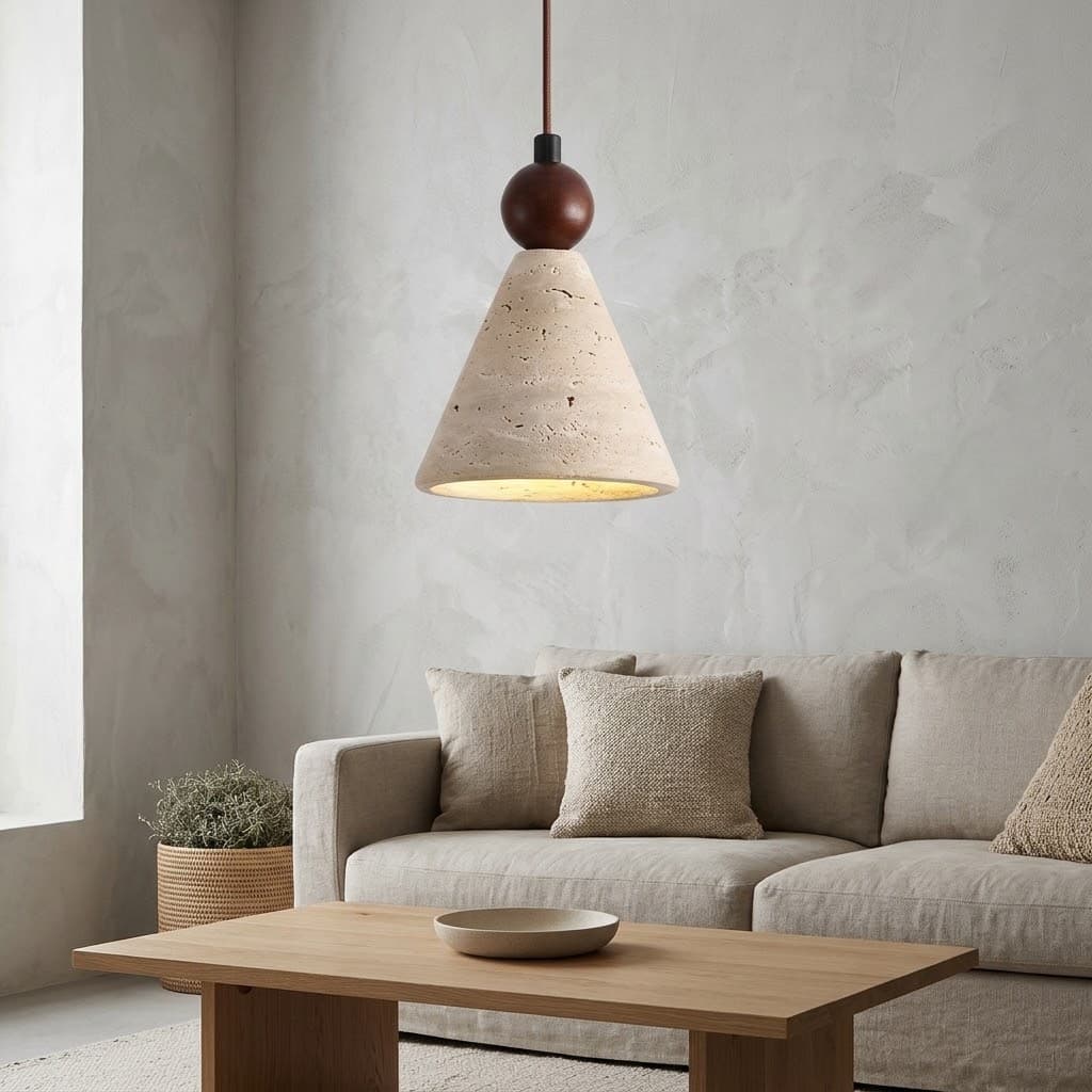 Modern Natural Travertine Cone Pendant Light with Walnut Accent