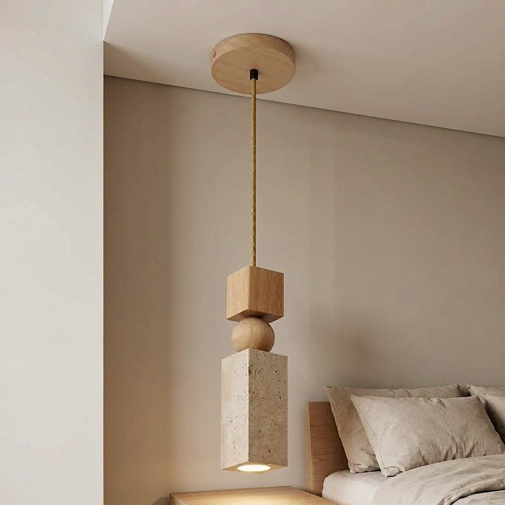 Modern Natural Travertine Pendant Light with Wood Disc
