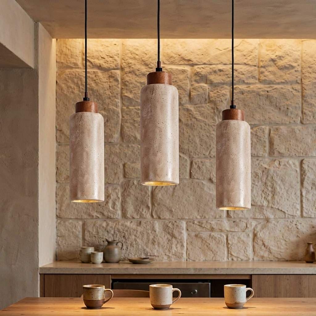 Handcrafted natural travertine pendant light in a modern minimalist interior
