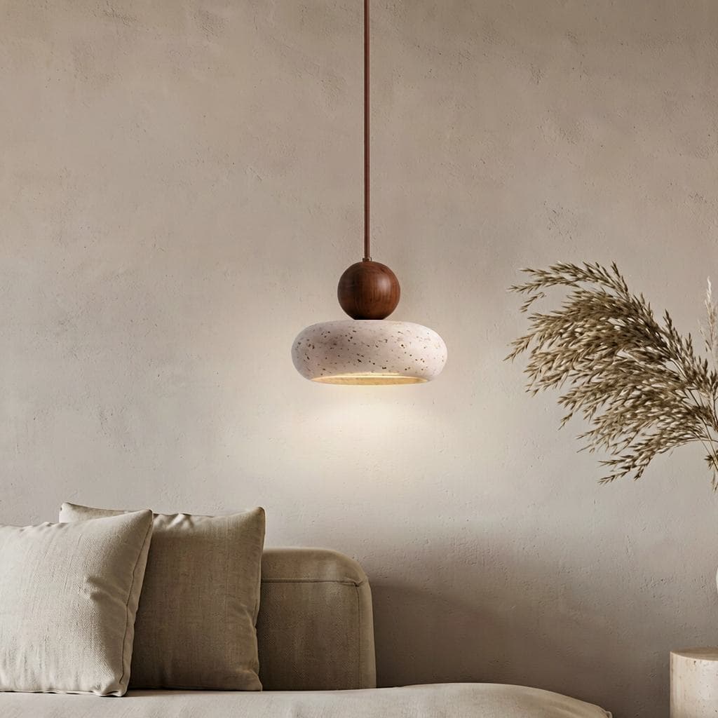 Modern Minimalist Natural Yellow Travertine & Solid Wood Pendant Light