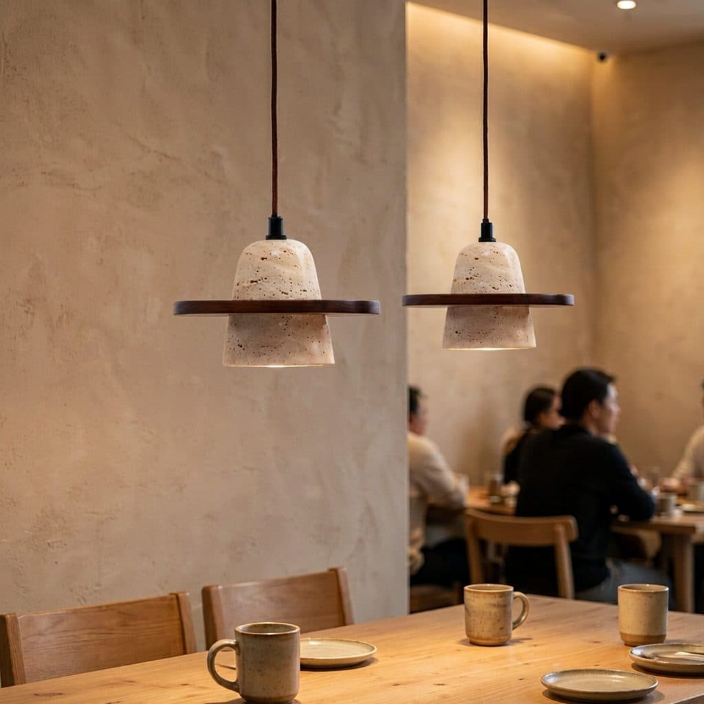 Modern Minimalist Natural Yellow Travertine & Solid Wood Pendant Light