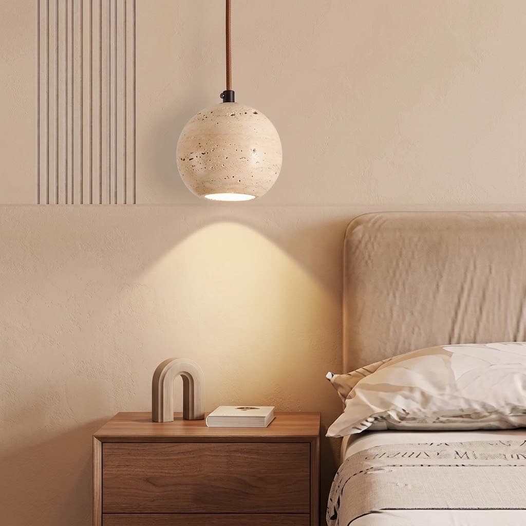Modern minimalist natural yellow travertine and solid wood pendant light in living room