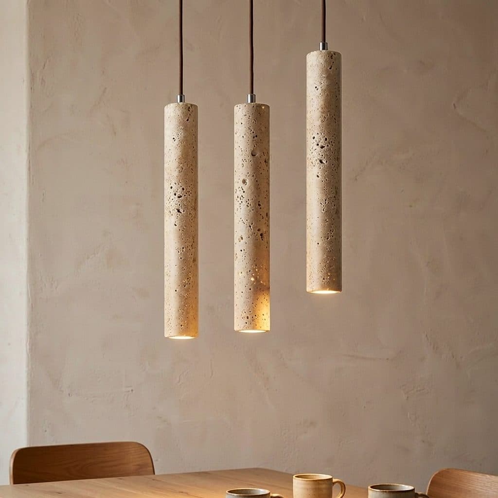 Natural yellow travertine cylindrical pendant light front view