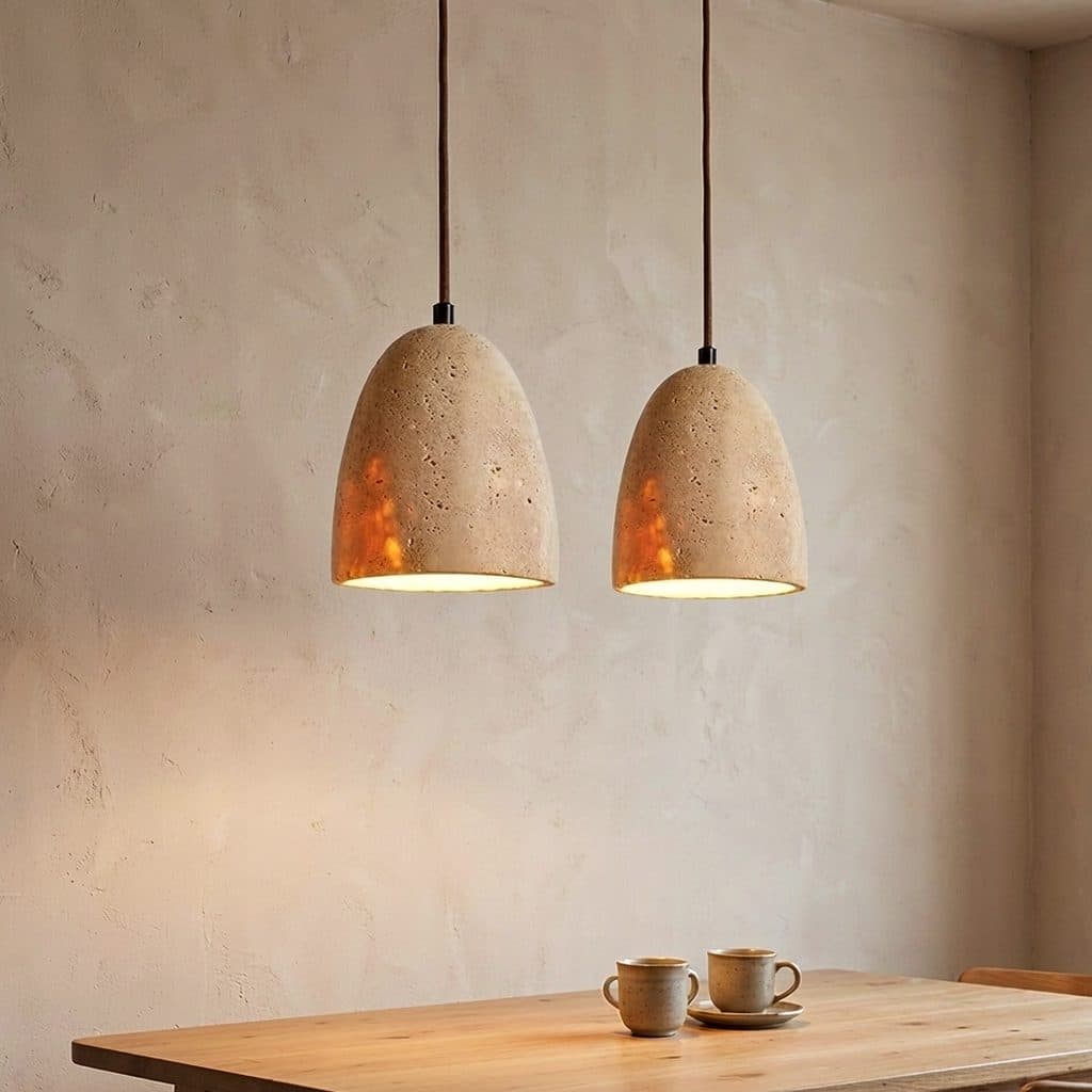 Natural yellow travertine small cylindrical pendant light front view