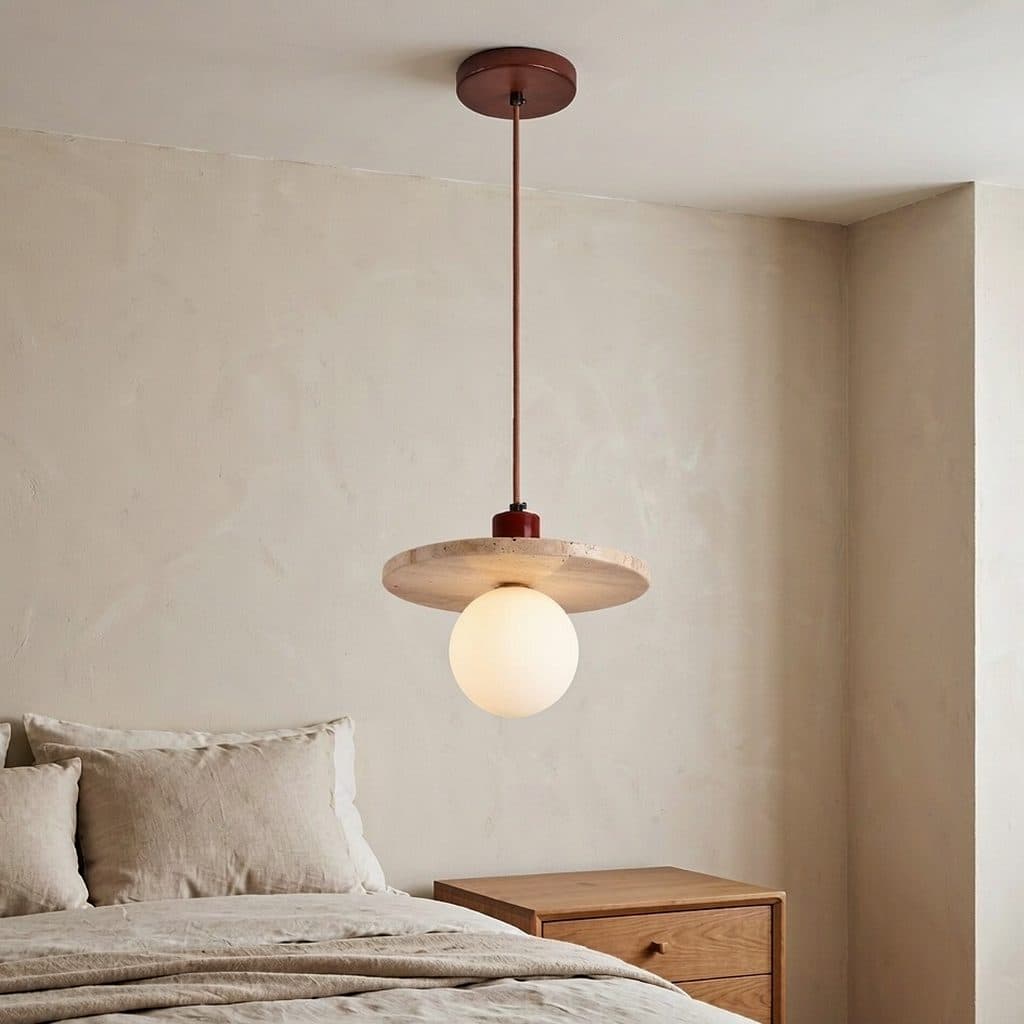 Natural yellow travertine and solid wood pendant light front view