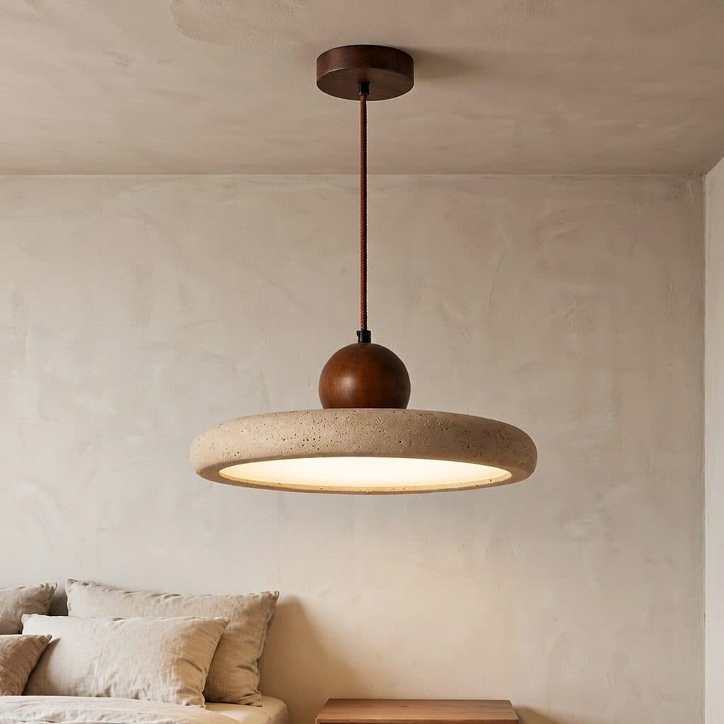 Natural yellow travertine and solid wood cylinder pendant light front view