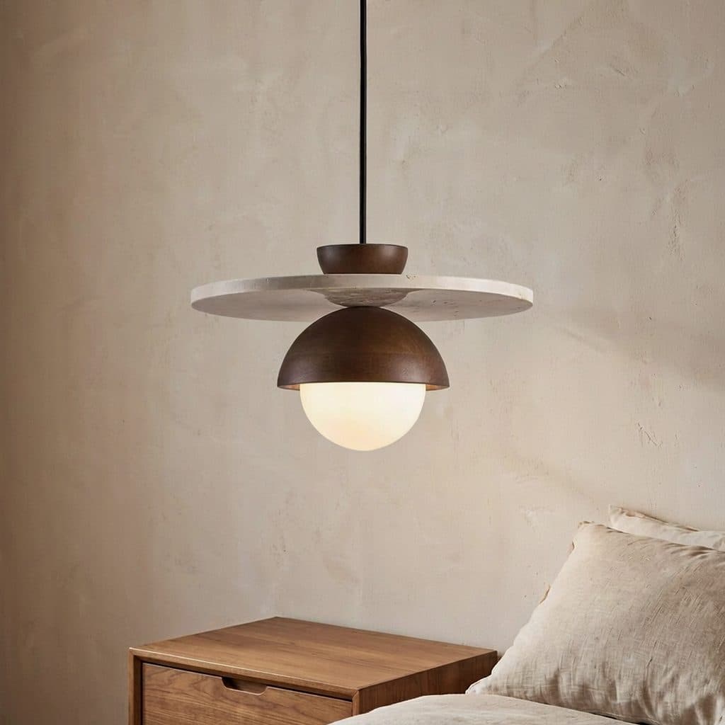 Natural yellow travertine and solid wood wide pendant light front view