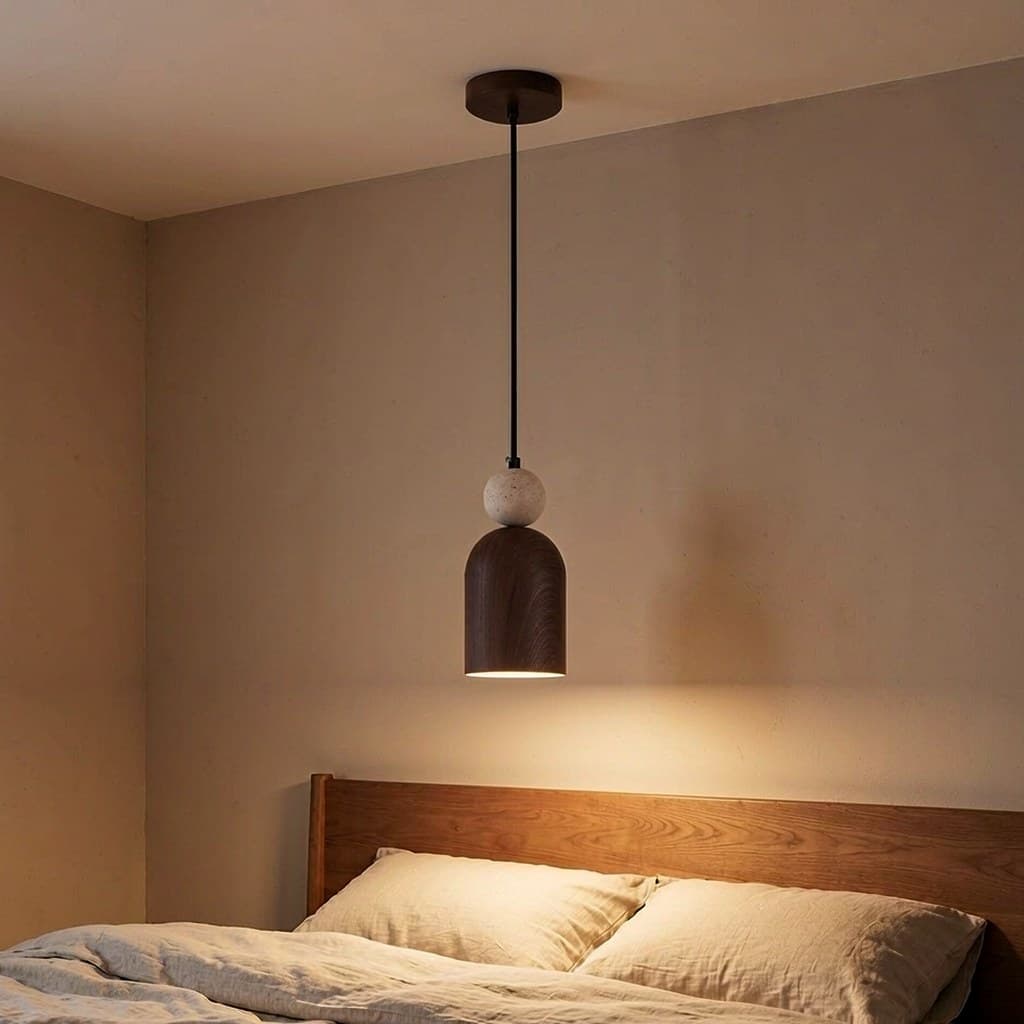 Natural yellow travertine and wood-grain iron pendant light front view