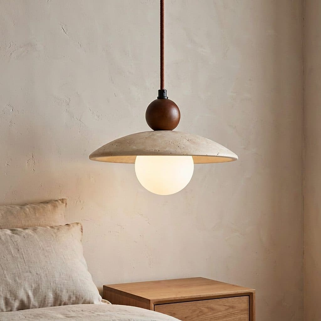 Natural yellow travertine and solid wood low-profile pendant light front view
