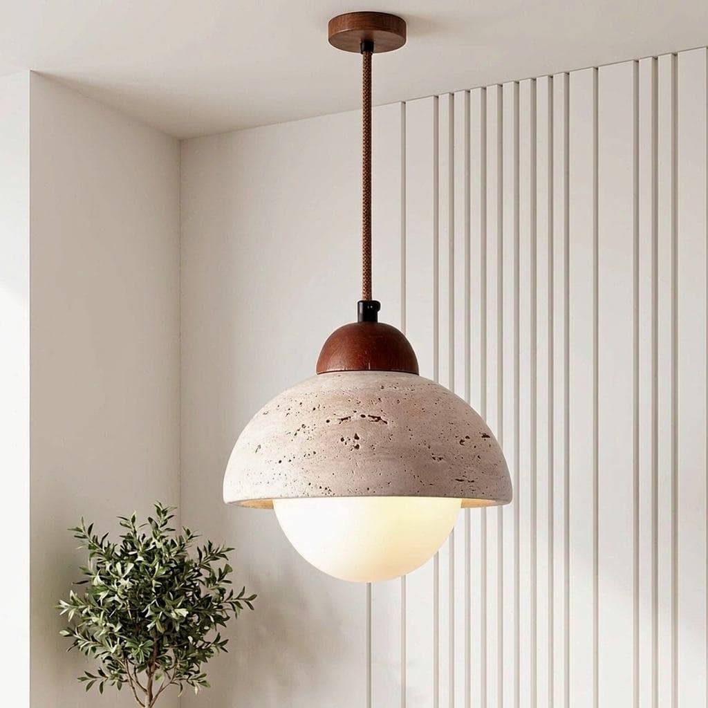 Natural yellow travertine and solid wood compact pendant light front view