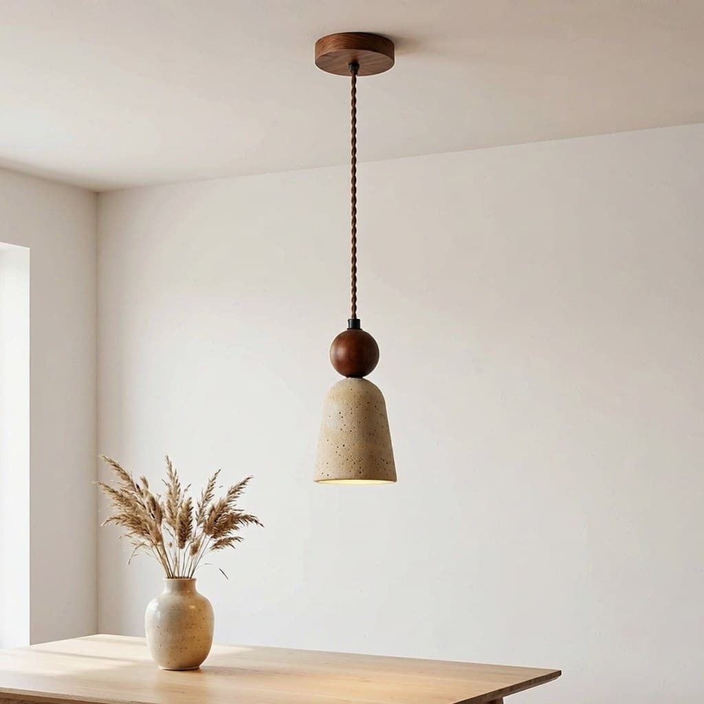 Natural Travertine and Solid Wood Cylinder Pendant Light - Front View