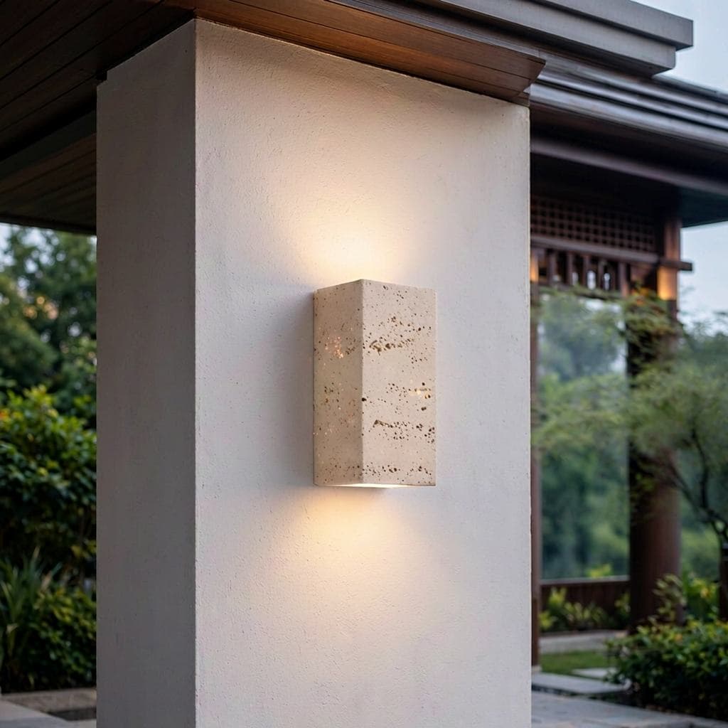 Minimalist Natural Travertine Wall Sconce in Japandi Bedroom